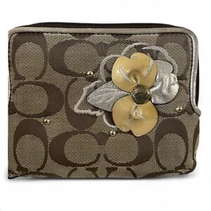 Coach Brown Signature Zip Wristlet Floral Canvas Wallet Clutch